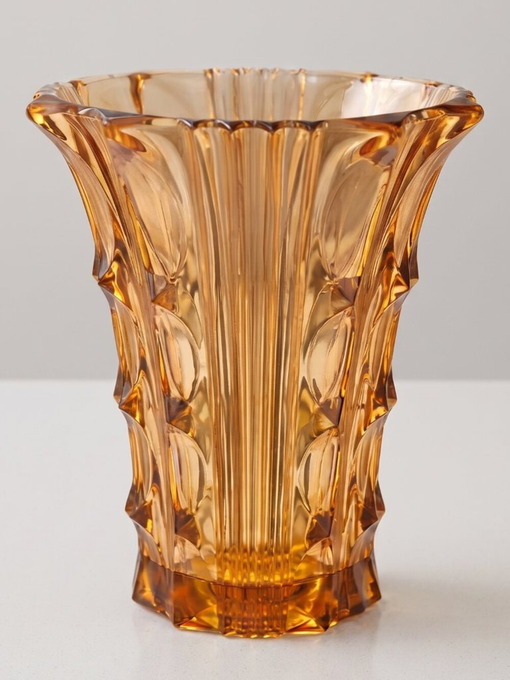 Vintage 1930s Stölzle Pink Peach Pressed Glass Vase Art Deco Czech 8” Tall
